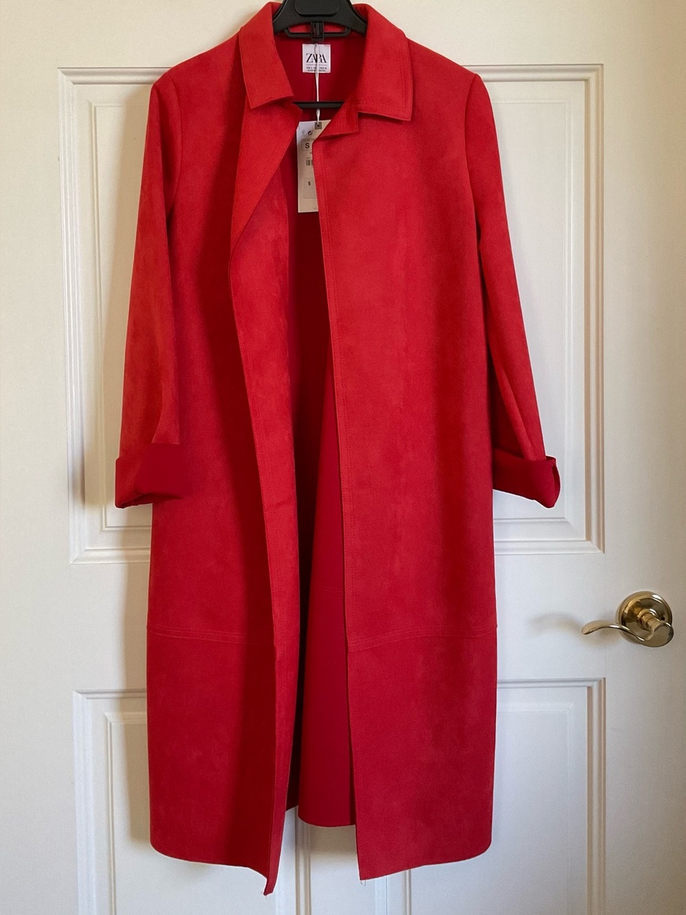 Zara Burnt Orange Long Open-Front faux suede Coat with pockets women size small
